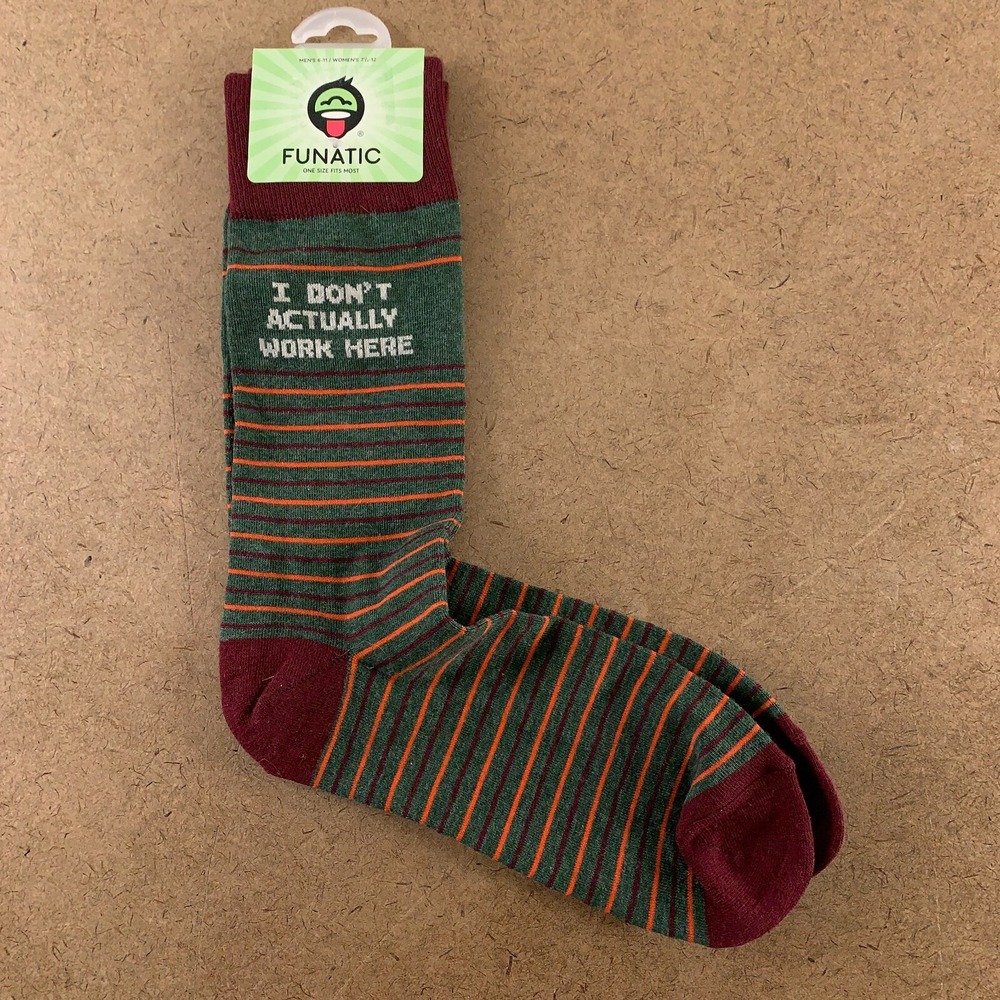 Funatic Adult One Size Green Striped I Don't Work Here Funny Crew Socks NWT